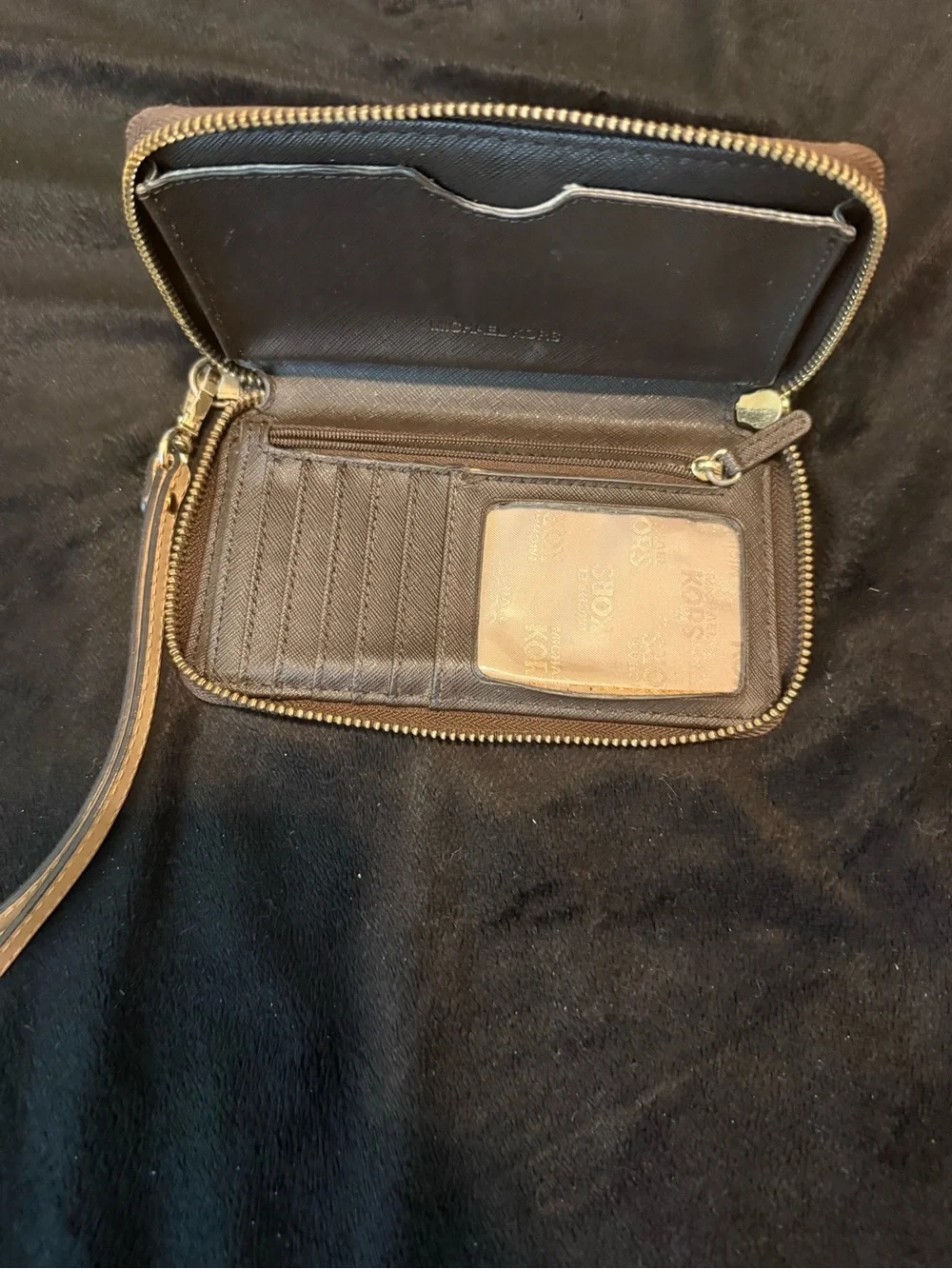 Michael Kors Brown Monogram Wristlet Clutch with Gold-tone Plaque
